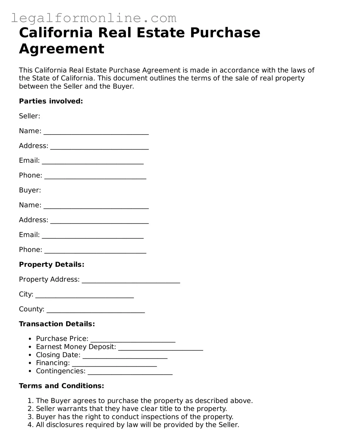  Real Estate Purchase Agreement Form for California