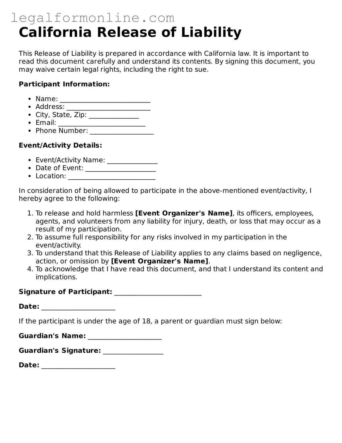  Release of Liability Form for California