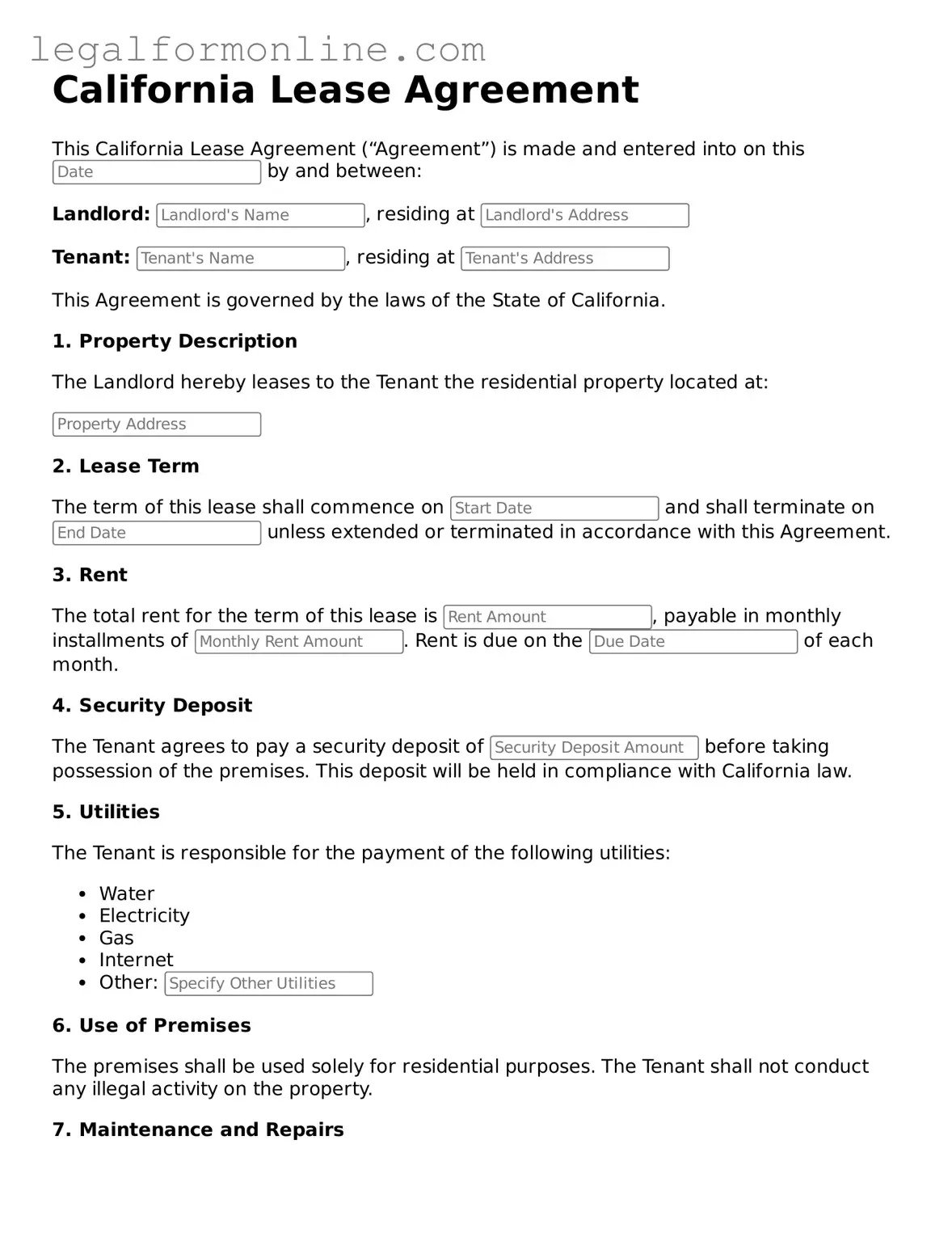  Lease Agreement Form for California