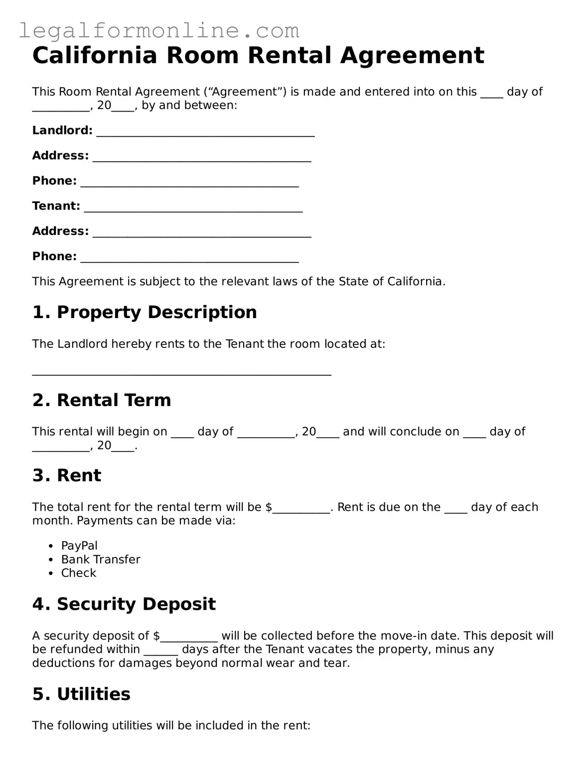  Room Rental Agreement Form for California