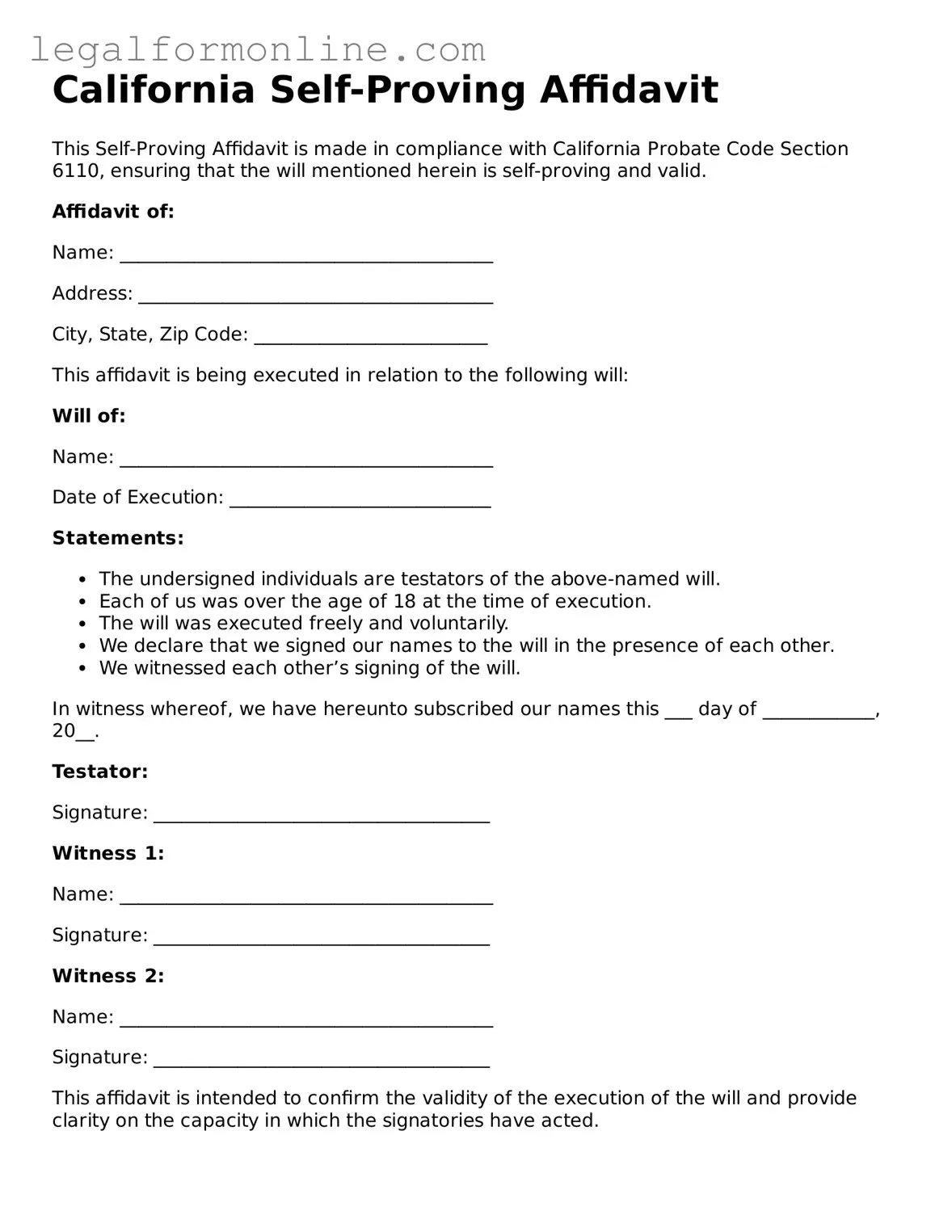  Self-Proving Affidavit Form for California