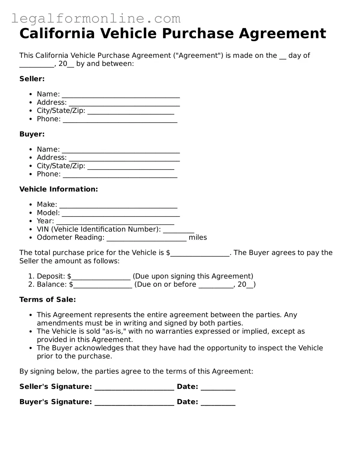 Vehicle Purchase Agreement Form for California