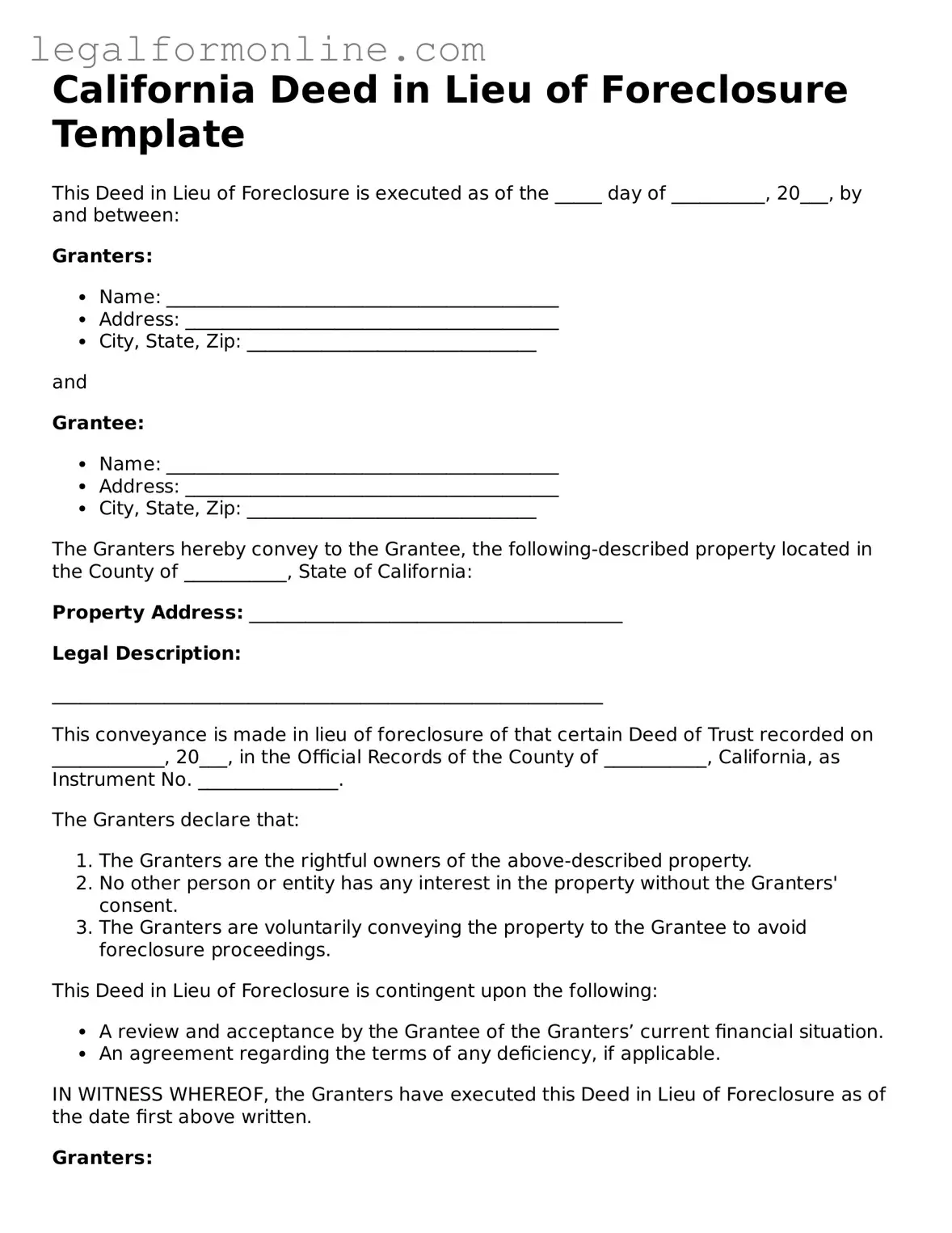  Deed in Lieu of Foreclosure Form for California