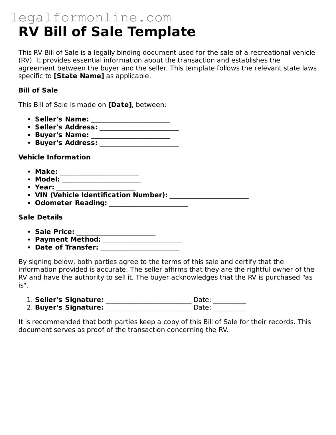Attorney-Approved RV Bill of Sale Template