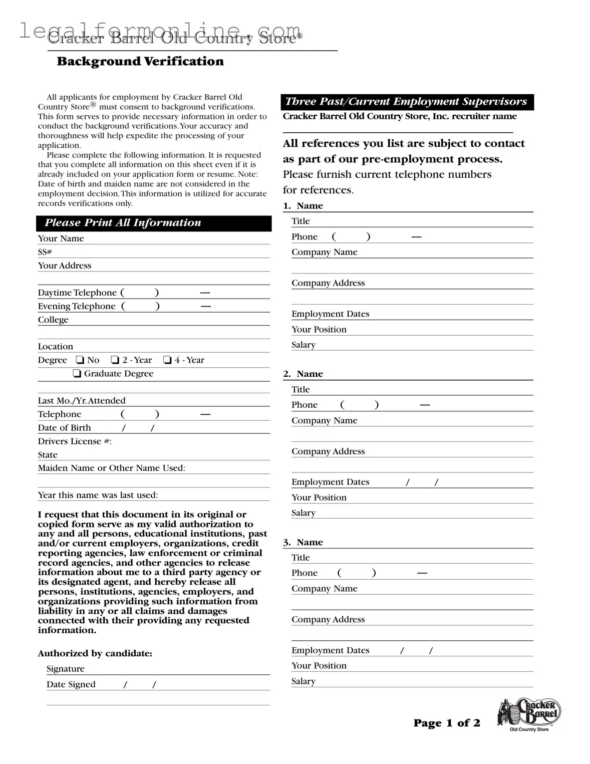Cracker Barrel Background Check Template in PDF
