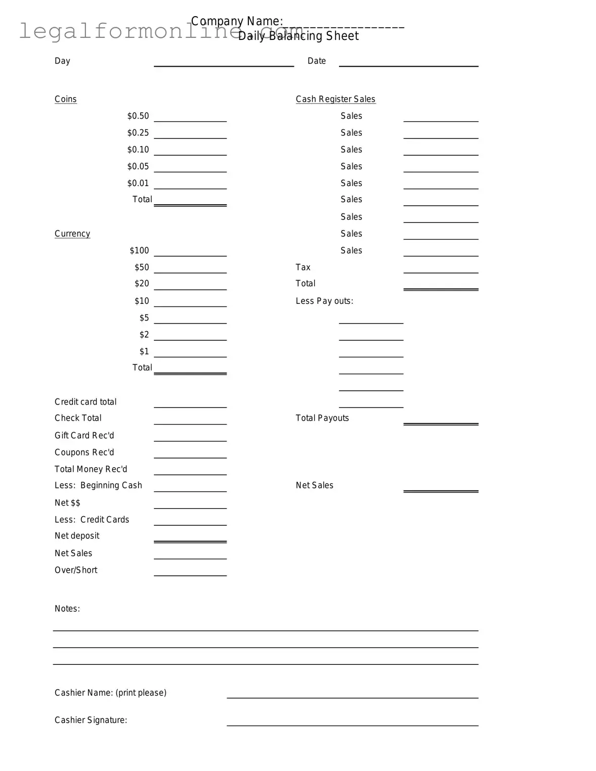 Cash Drawer Count Sheet Template in PDF