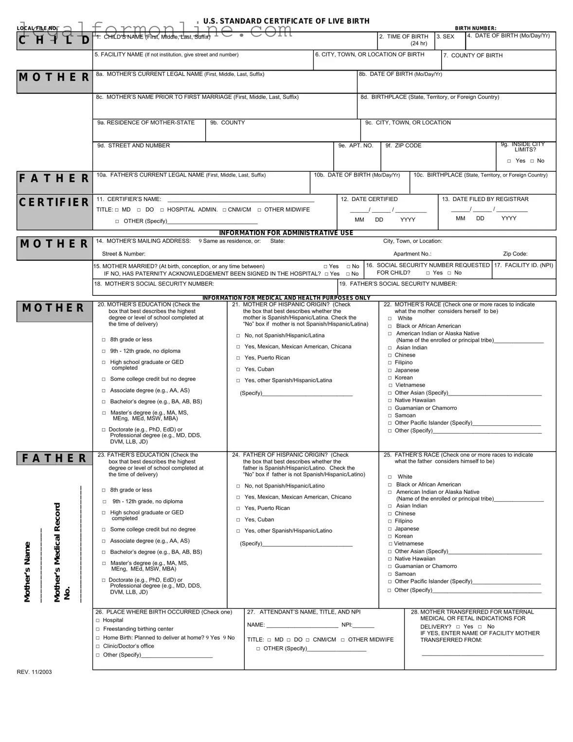 CDC U.S. Standard Certificate of Live Birth Template in PDF
