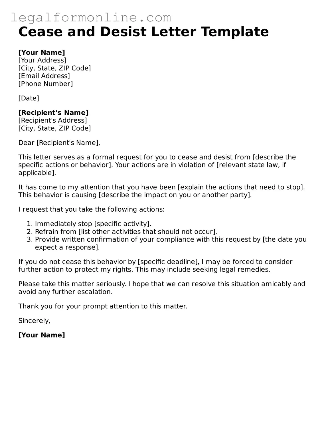 Attorney-Approved Cease and Desist Letter Template