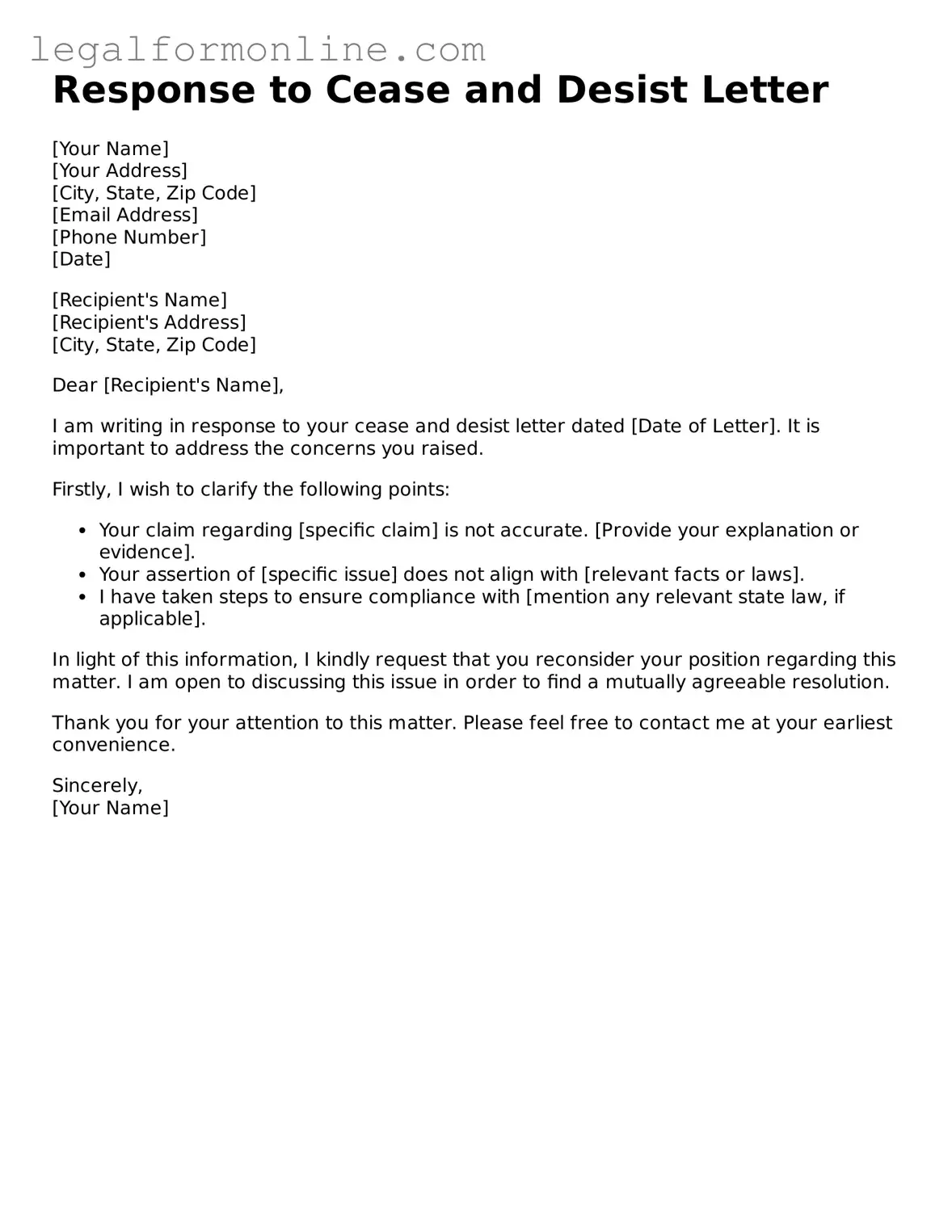 Attorney-Approved Response to a Cease and Desist Letter Template