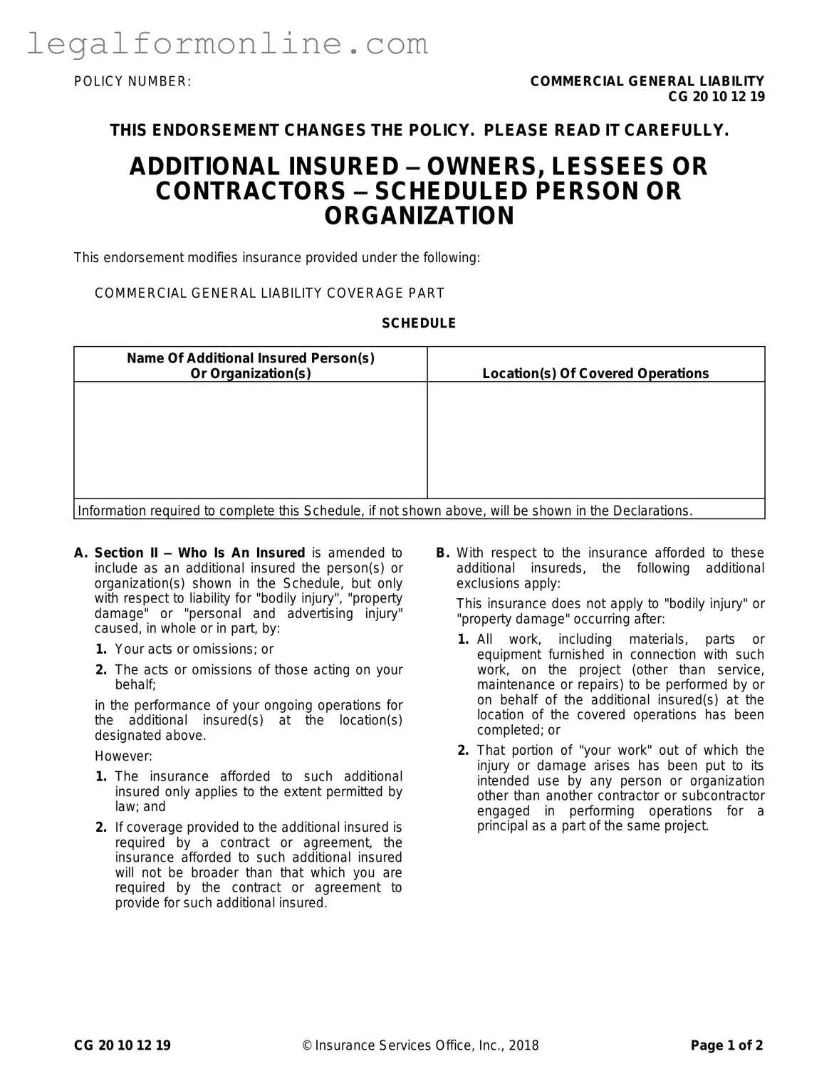Cg 20 10 07 04 Liability Endorsement Template in PDF