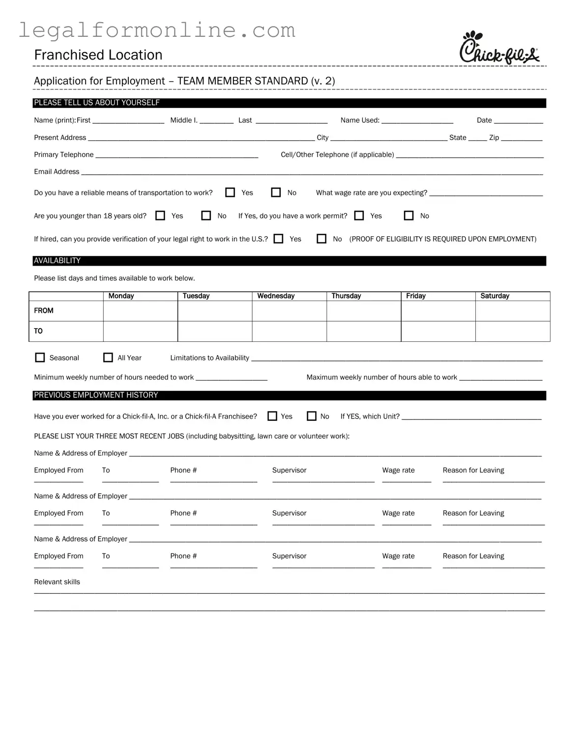 Chick Fil A Job Application Template in PDF