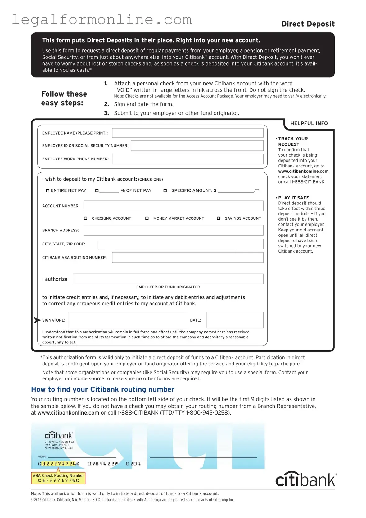 Citibank Direct Deposit Template in PDF