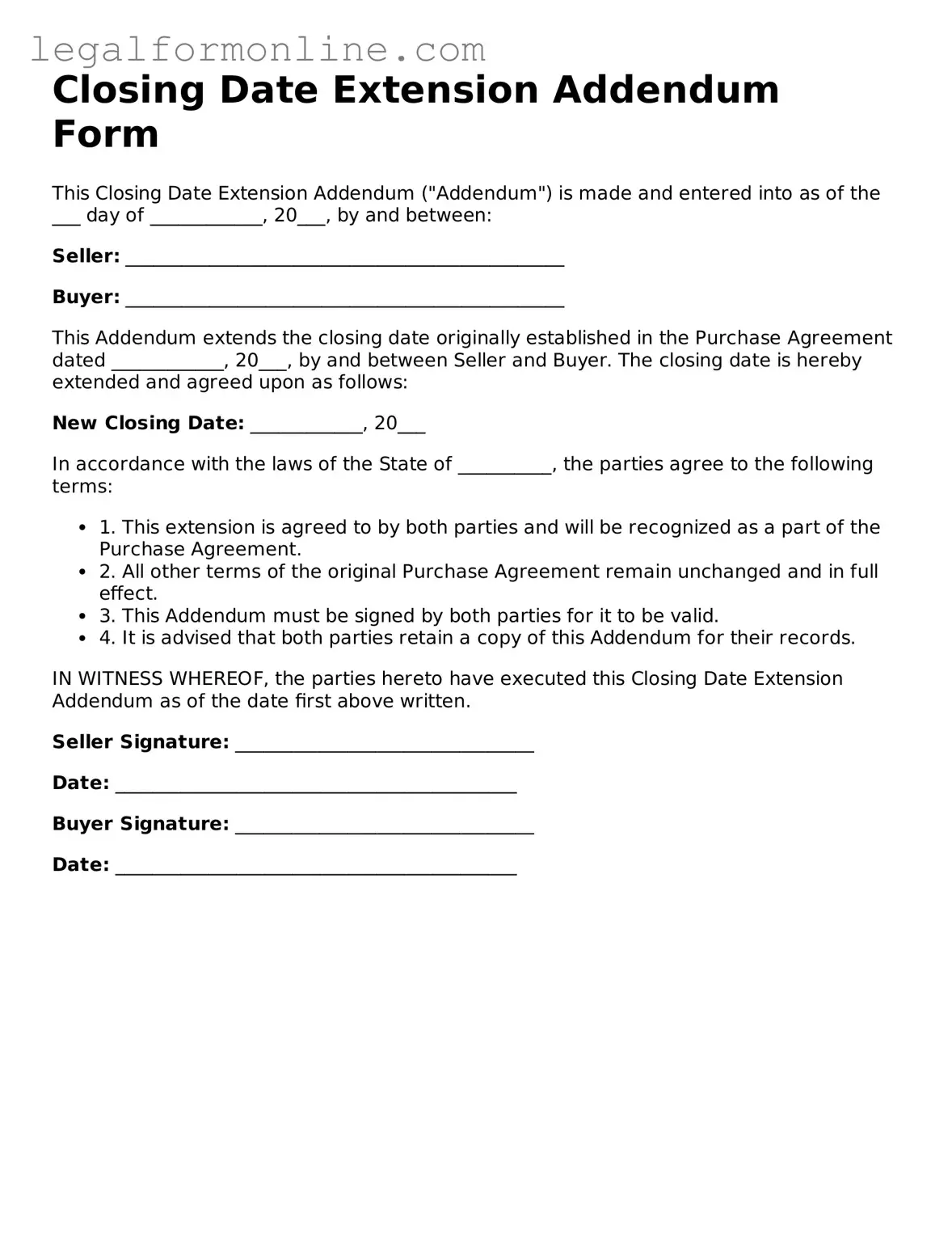 Attorney-Approved Closing Date Extension Addendum Form Template