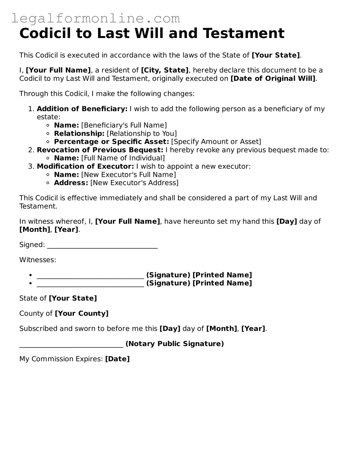 Attorney-Approved Codicil to Will Template