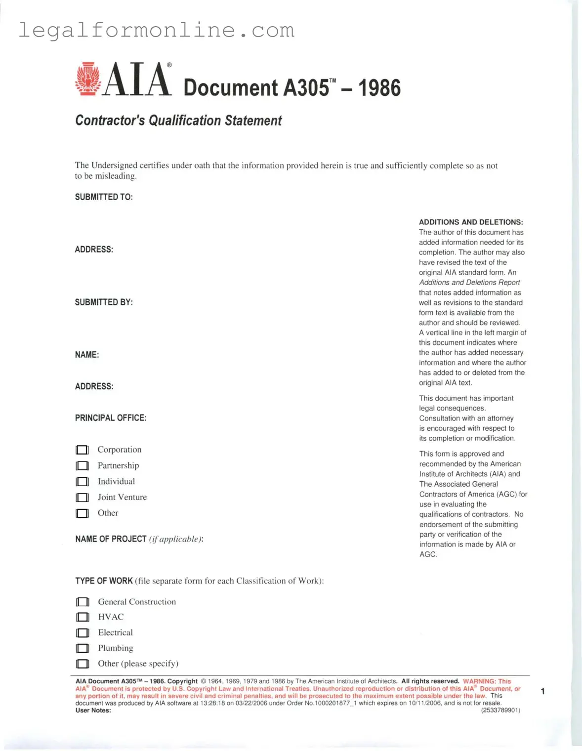 AIA A305 Template in PDF