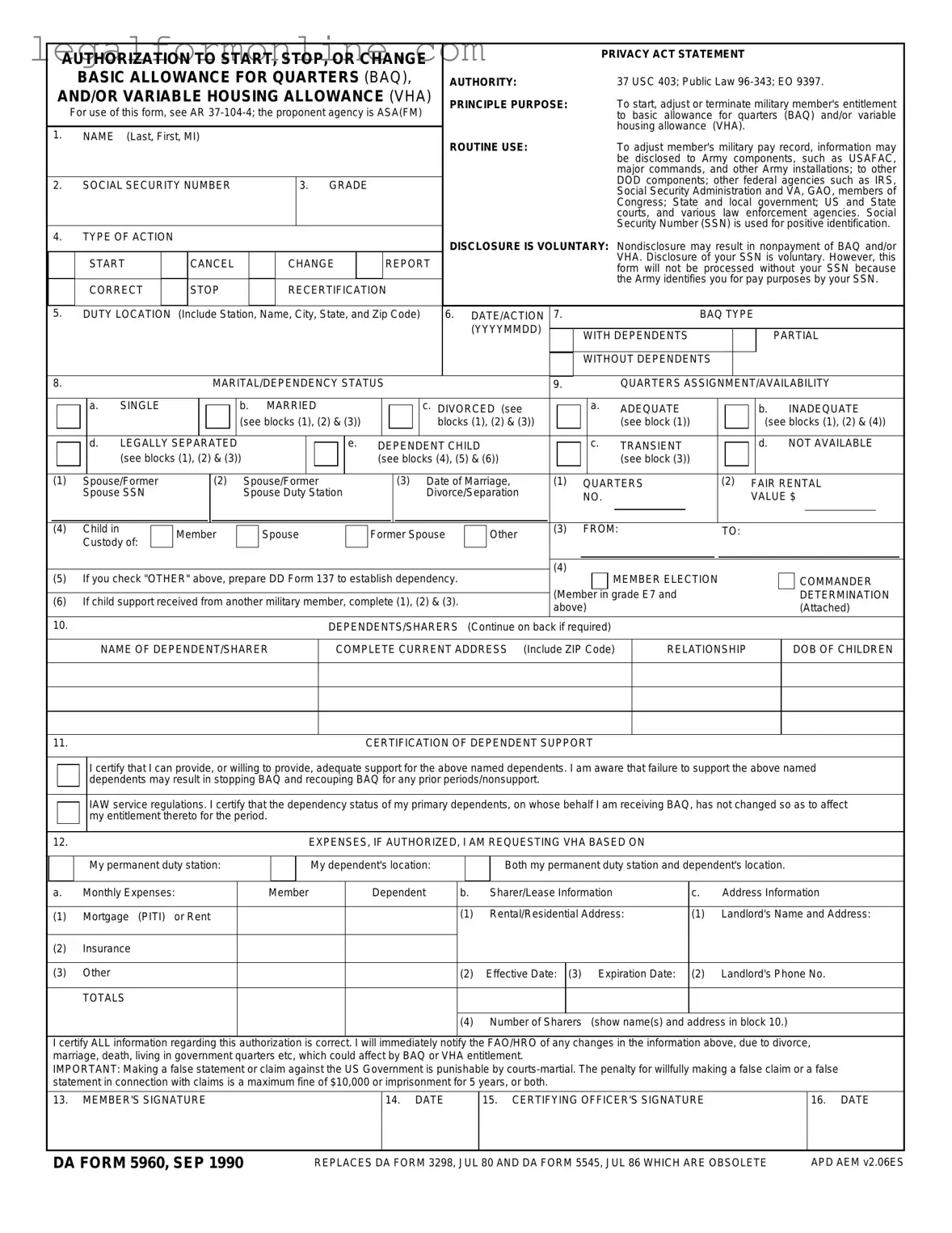 DA 5960 Template in PDF