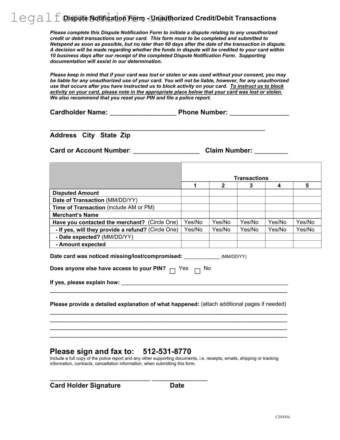 Netspend Dispute Template in PDF