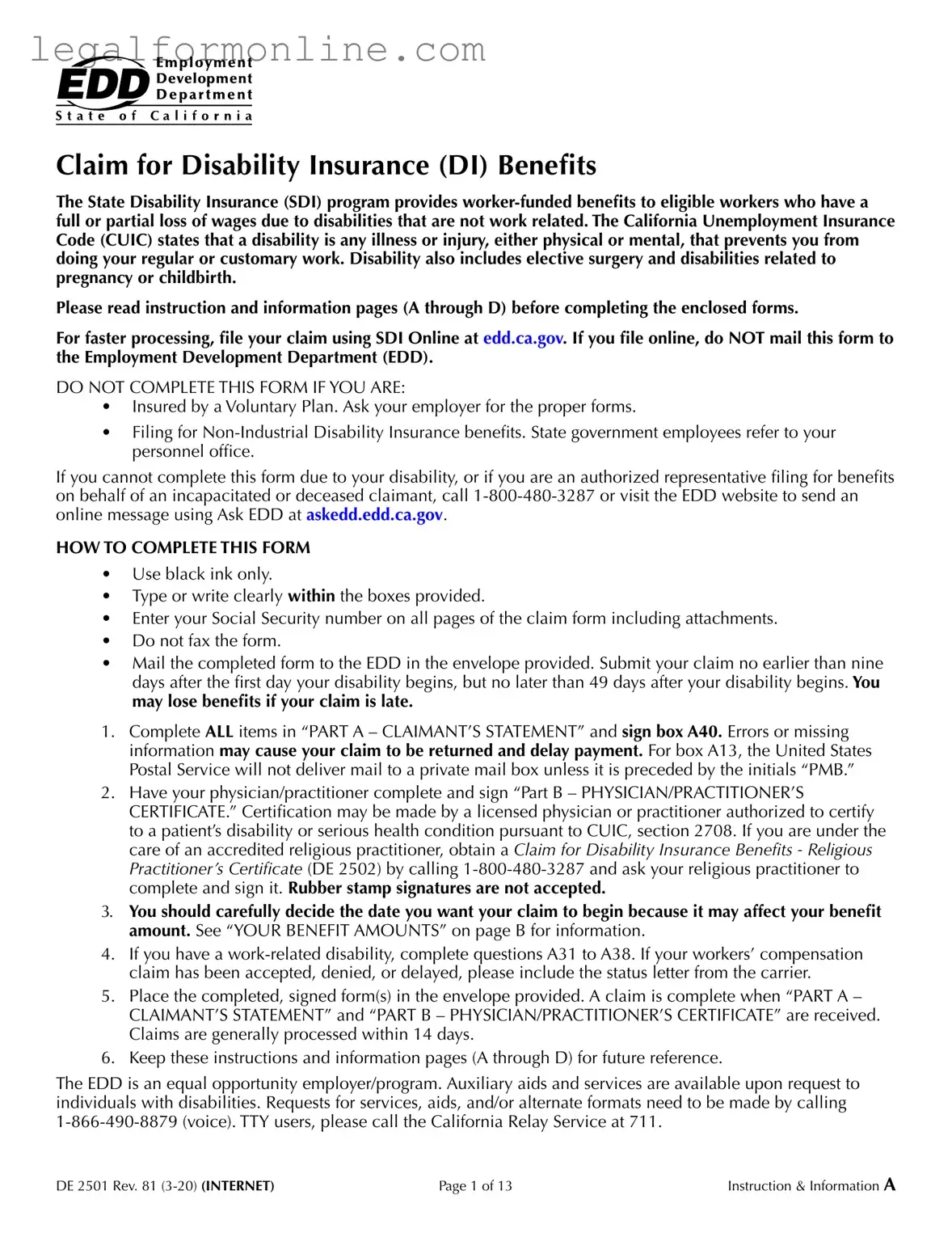 EDD DE 2501 Template in PDF
