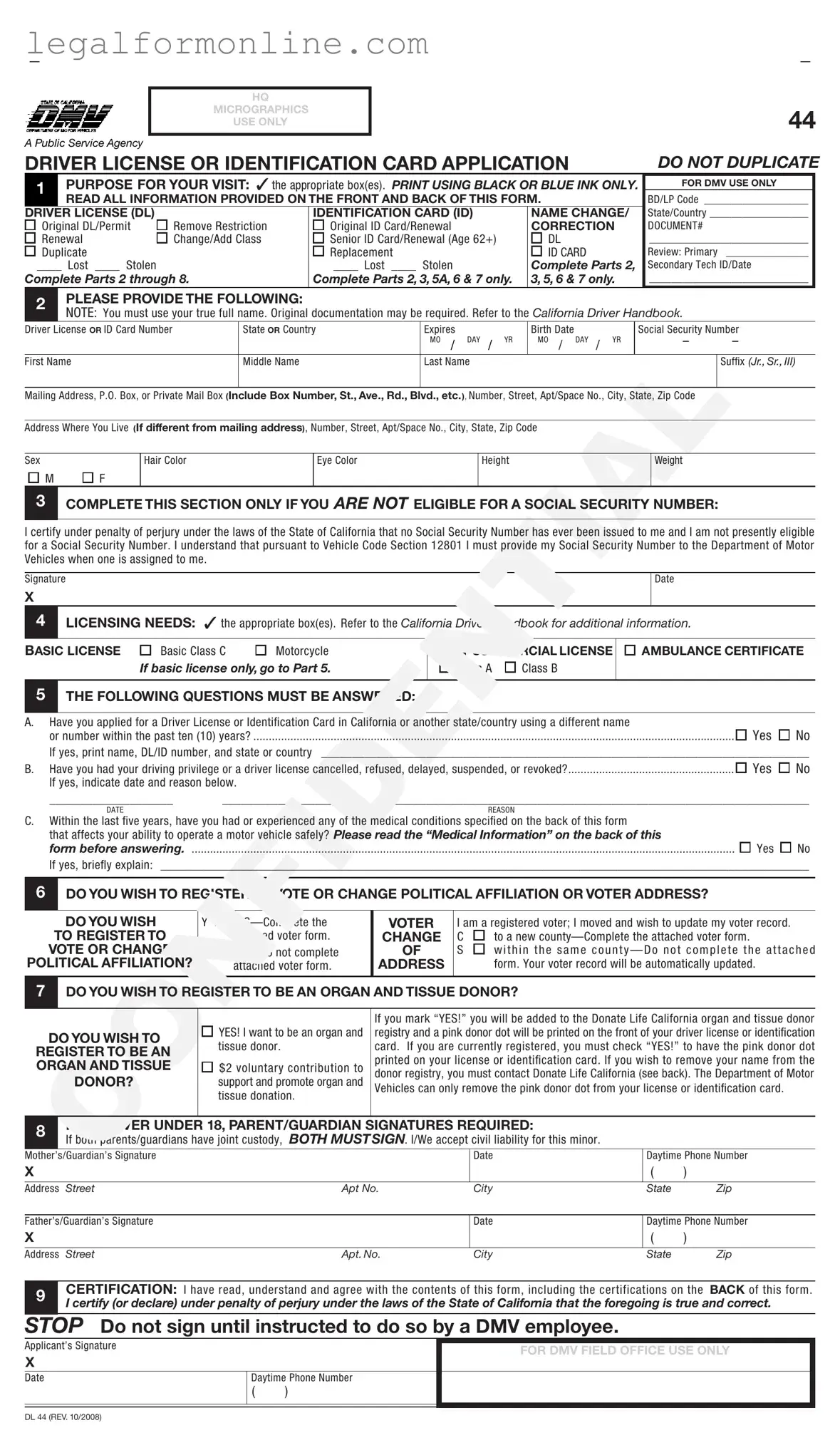 Ca Dmv Dl 44 Template in PDF