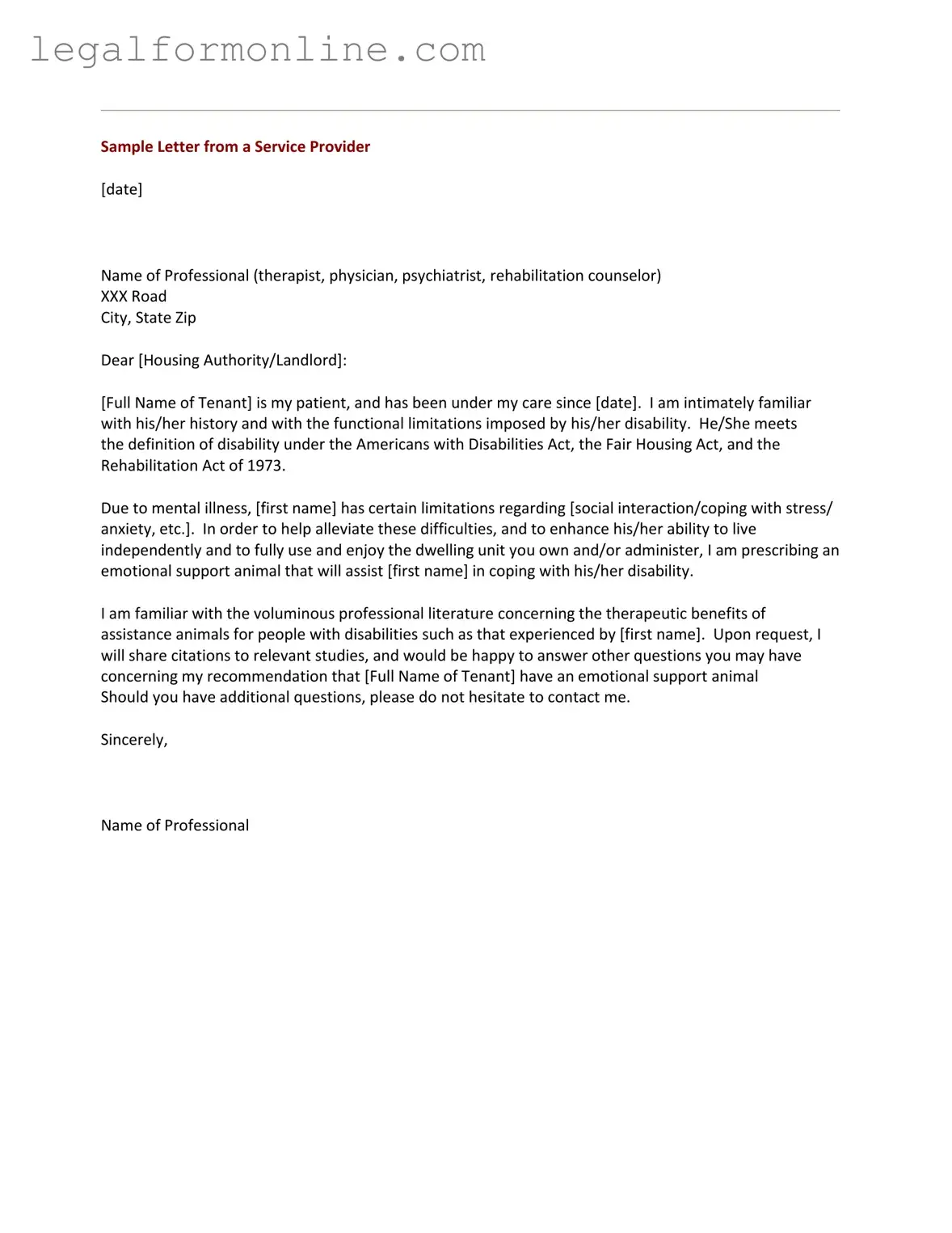 Emotional Support Animal Letter Template in PDF