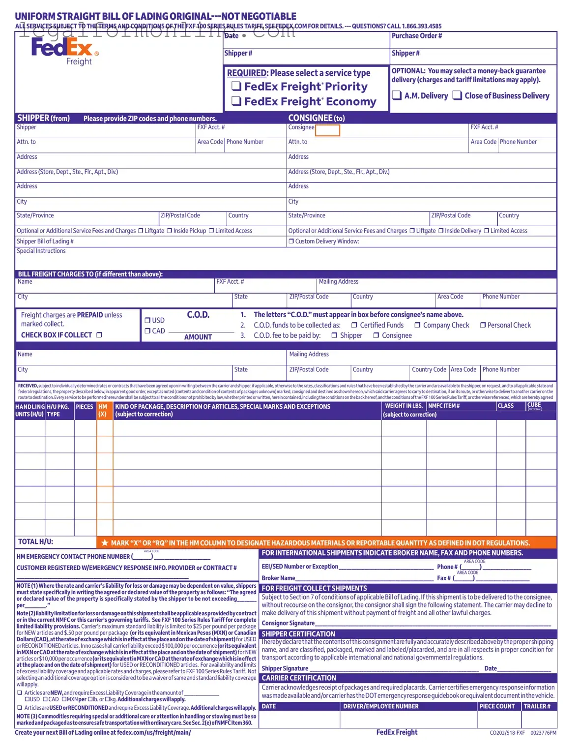 Fedex Bill Of Lading Template in PDF