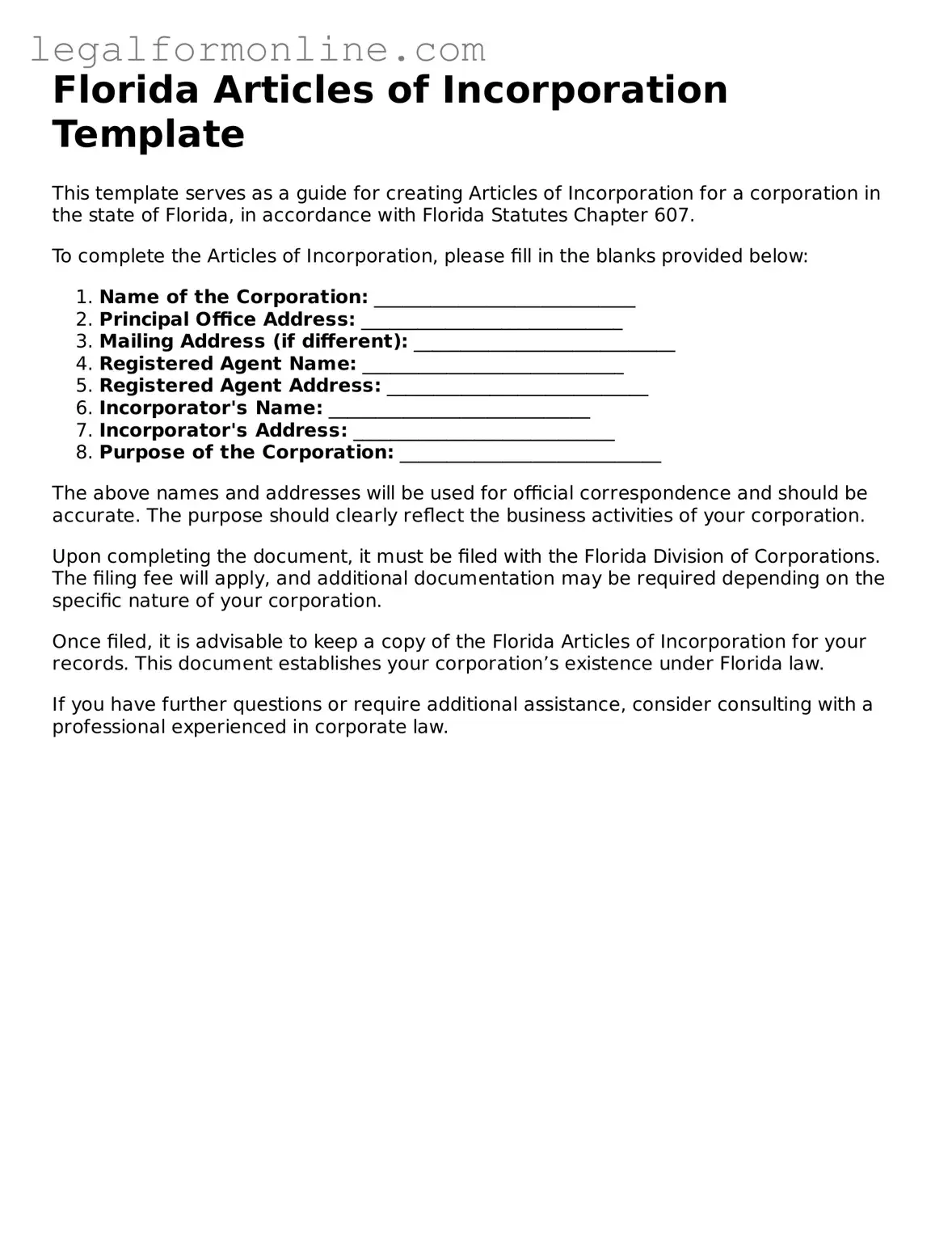  Articles of Incorporation Form for Florida