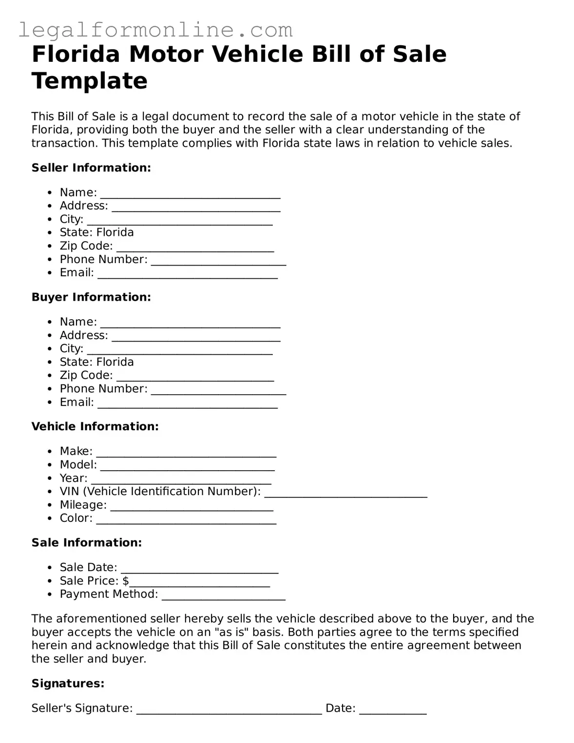  Motor Vehicle Bill of Sale Form for Florida