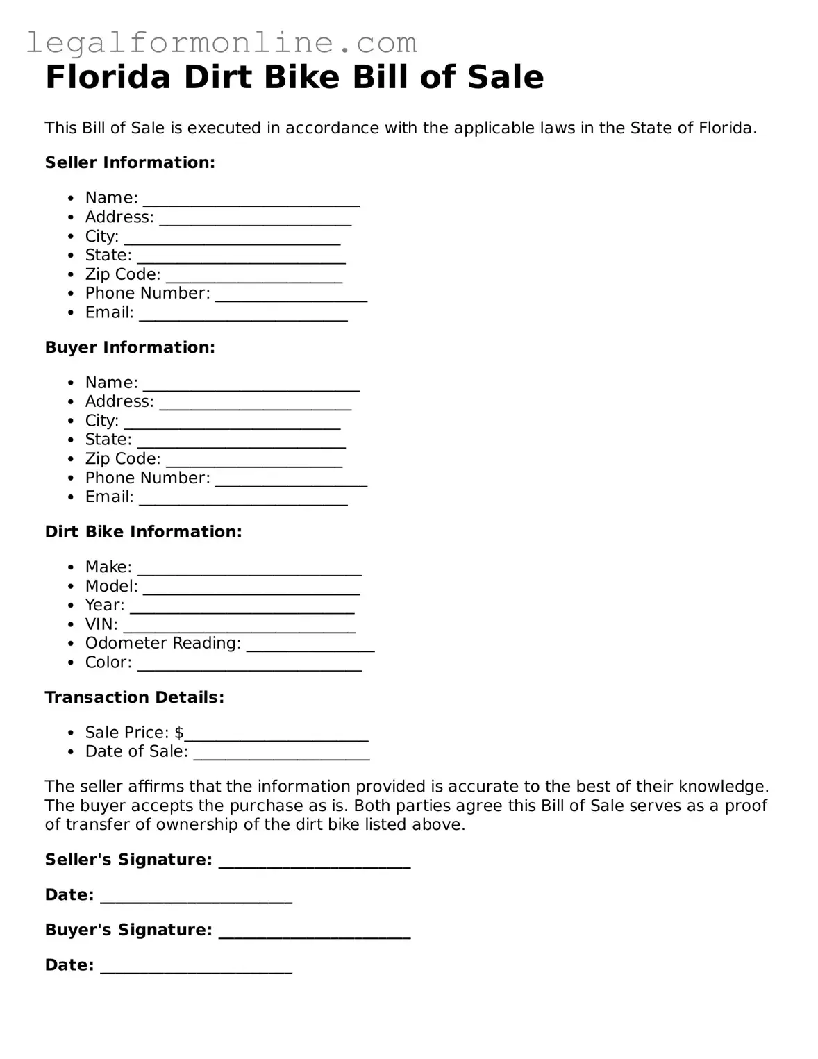 Dirt Bike Bill of Sale Form for Florida