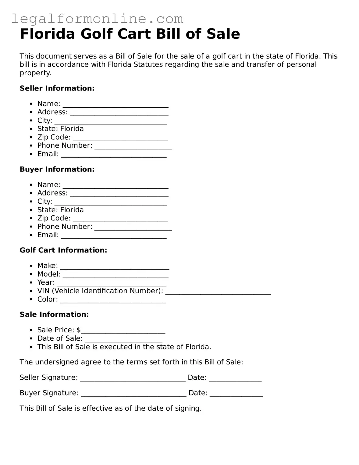  Golf Cart Bill of Sale Form for Florida