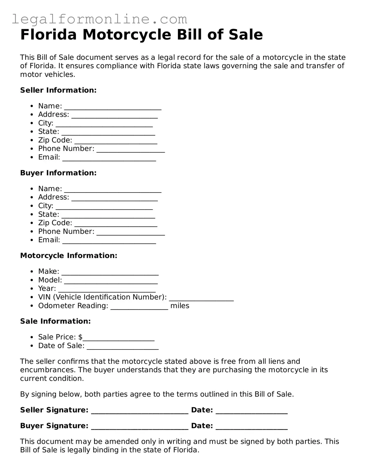  Motorcycle Bill of Sale Form for Florida