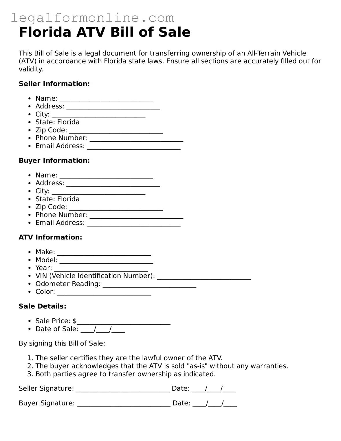  ATV Bill of Sale Form for Florida