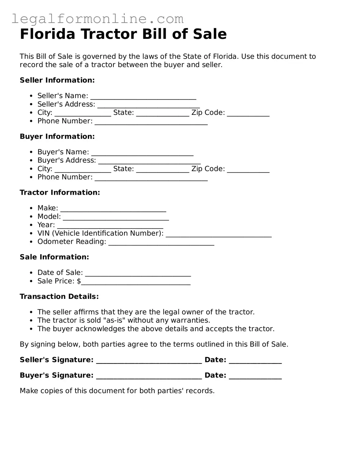 Tractor Bill of Sale Form for Florida