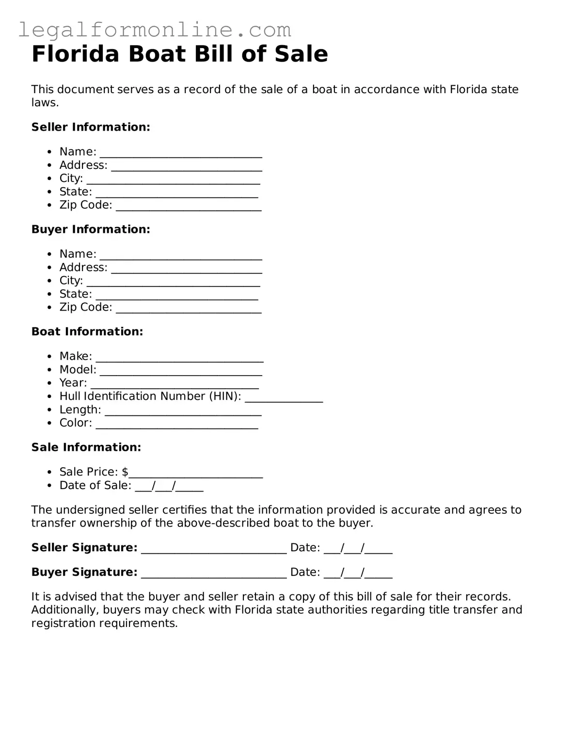 Boat Bill of Sale Form for Florida