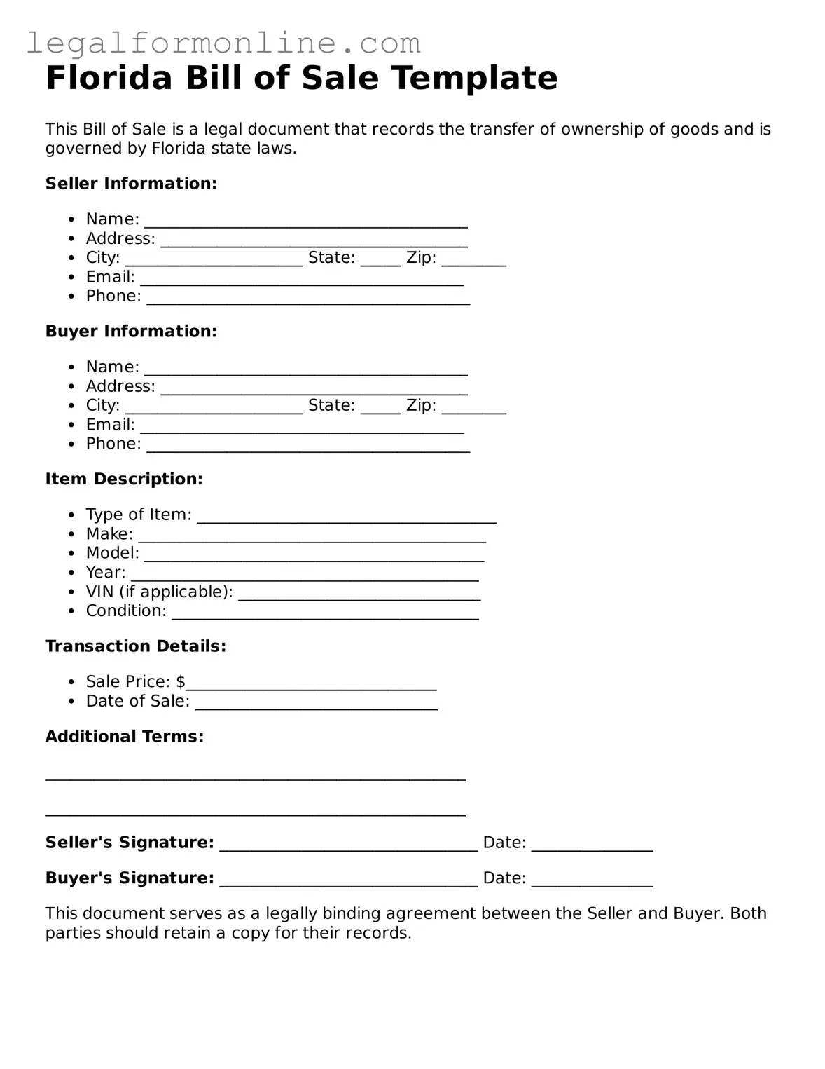  Bill of Sale Form for Florida