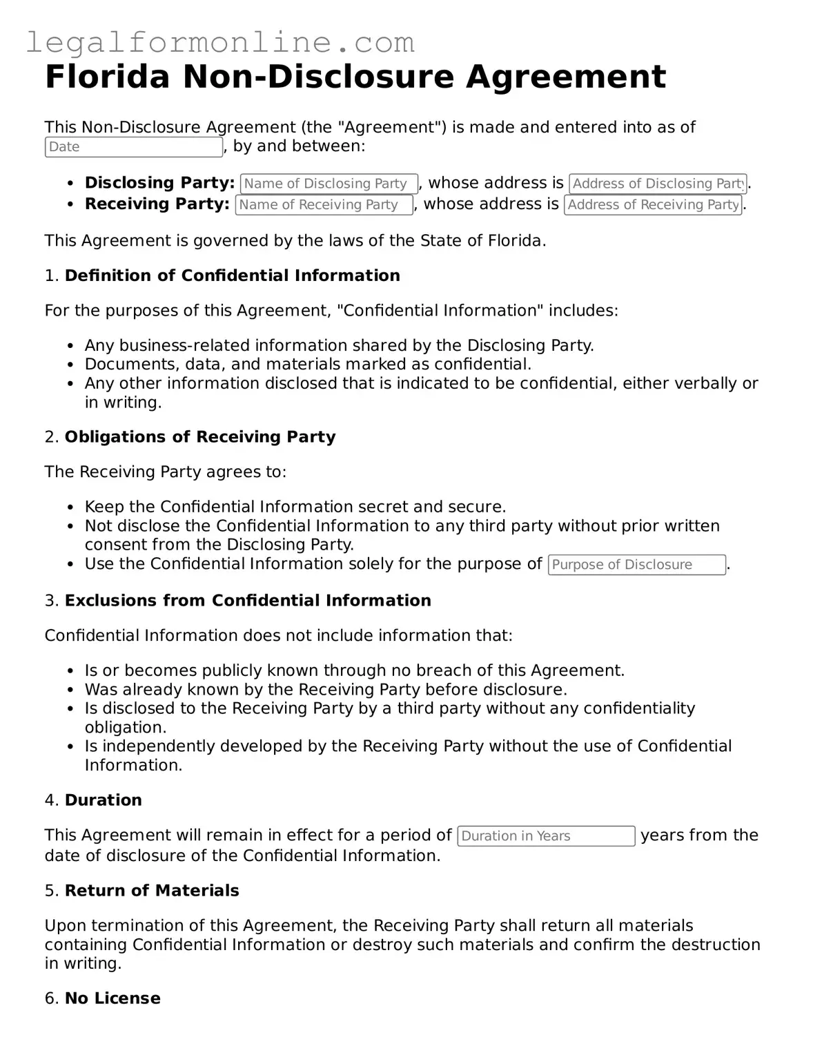 Non-disclosure Agreement Form for Florida
