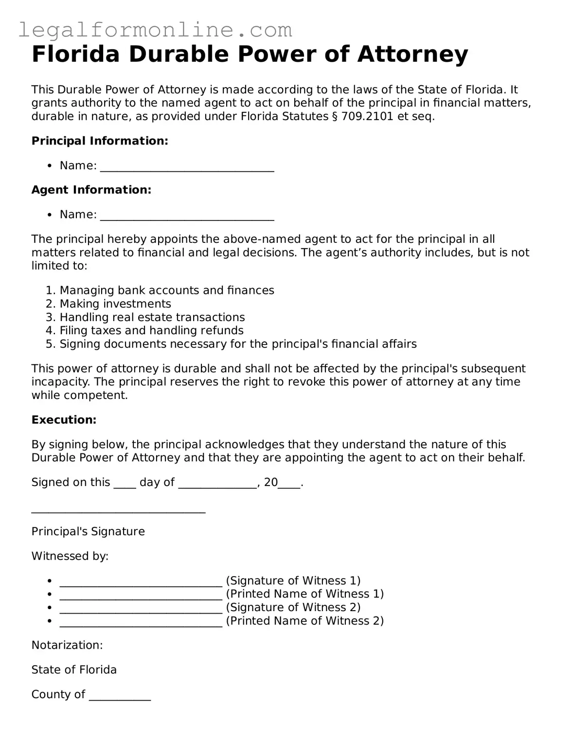  Durable Power of Attorney Form for Florida