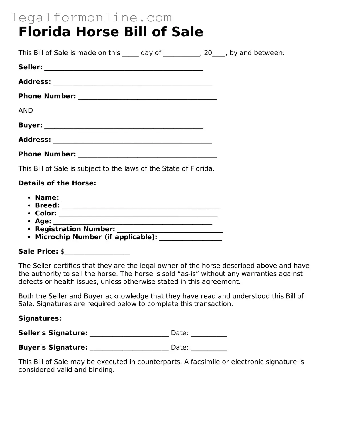  Horse Bill of Sale Form for Florida