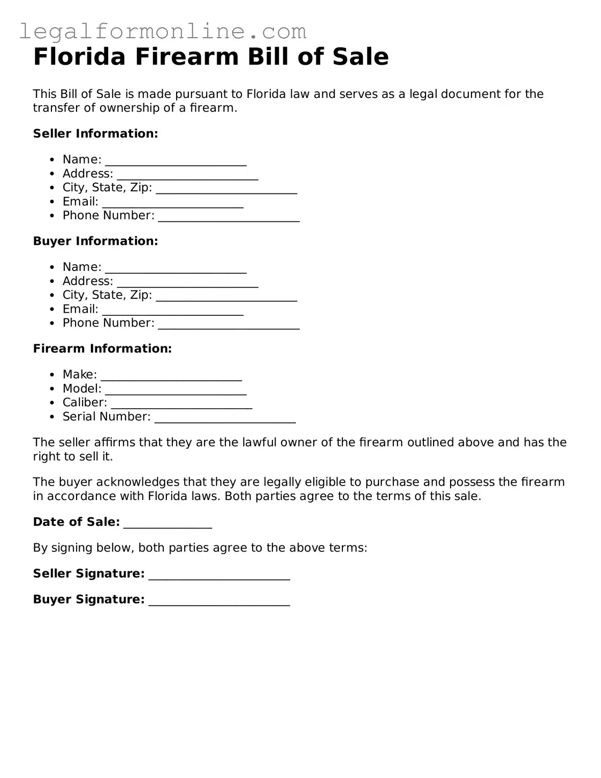  Firearm Bill of Sale Form for Florida