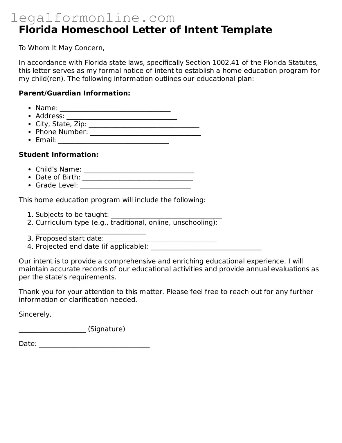  Homeschool Letter of Intent Form for Florida