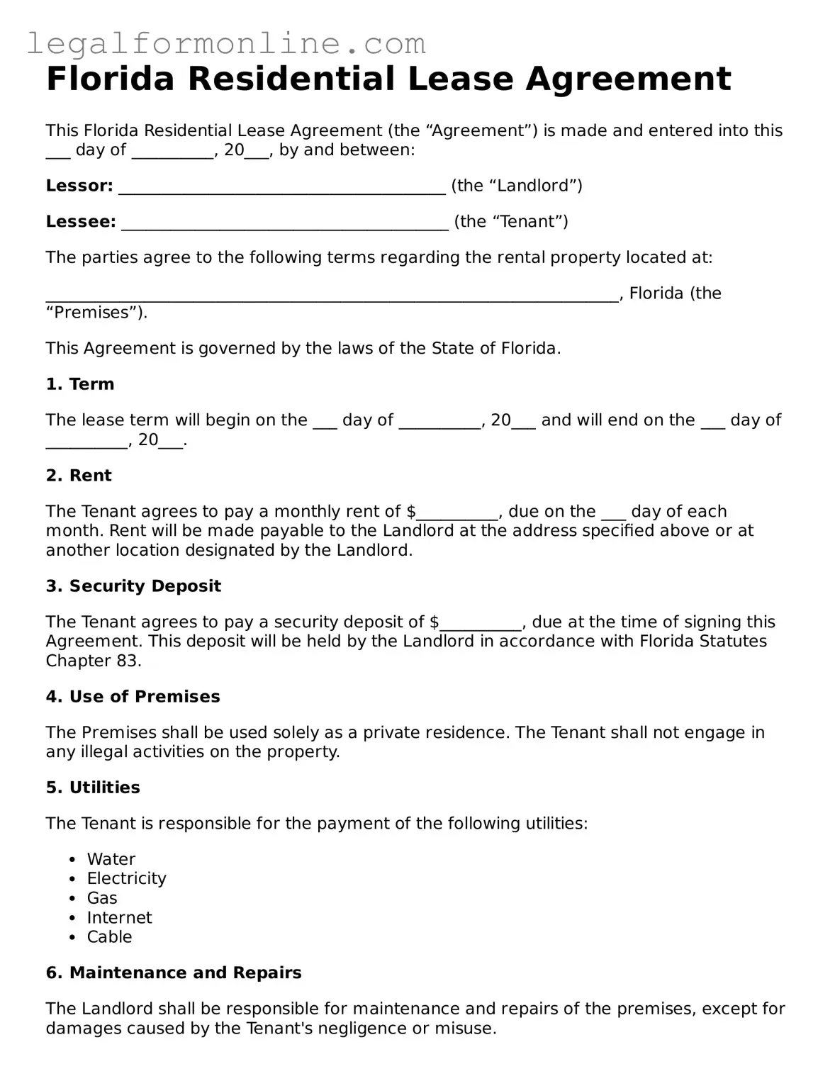  Residential Lease Agreement Form for Florida