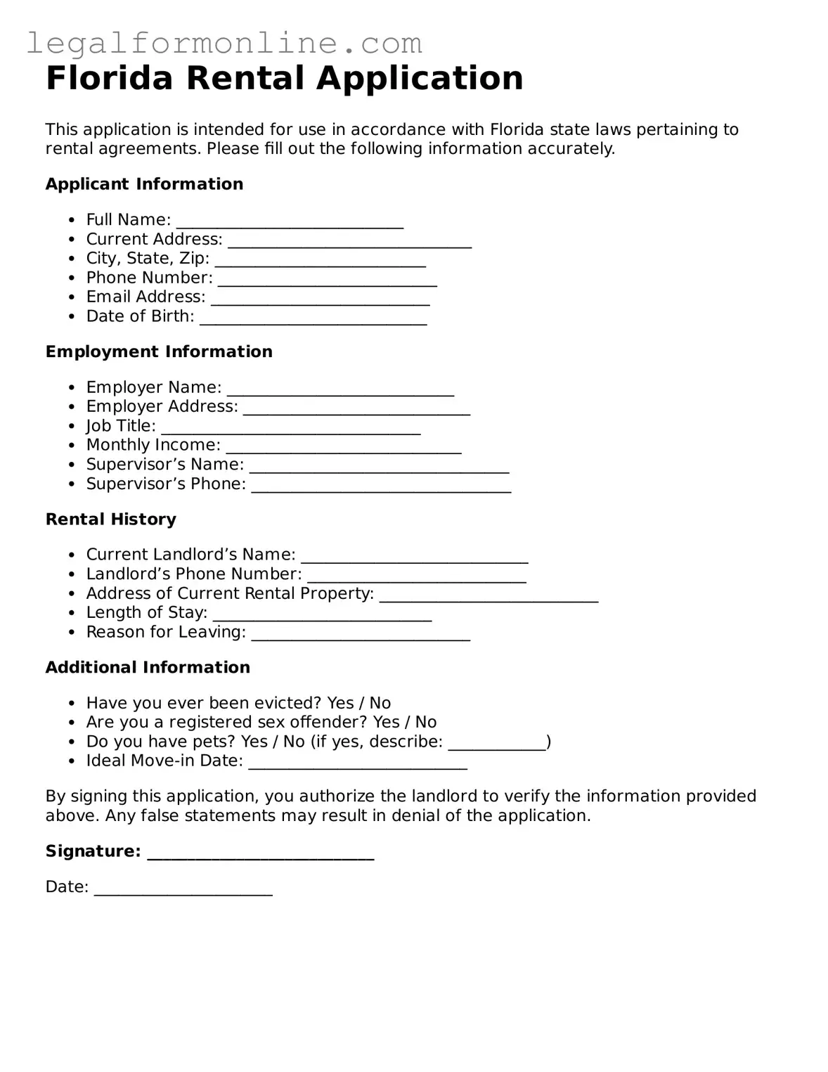  Rental Application Form for Florida