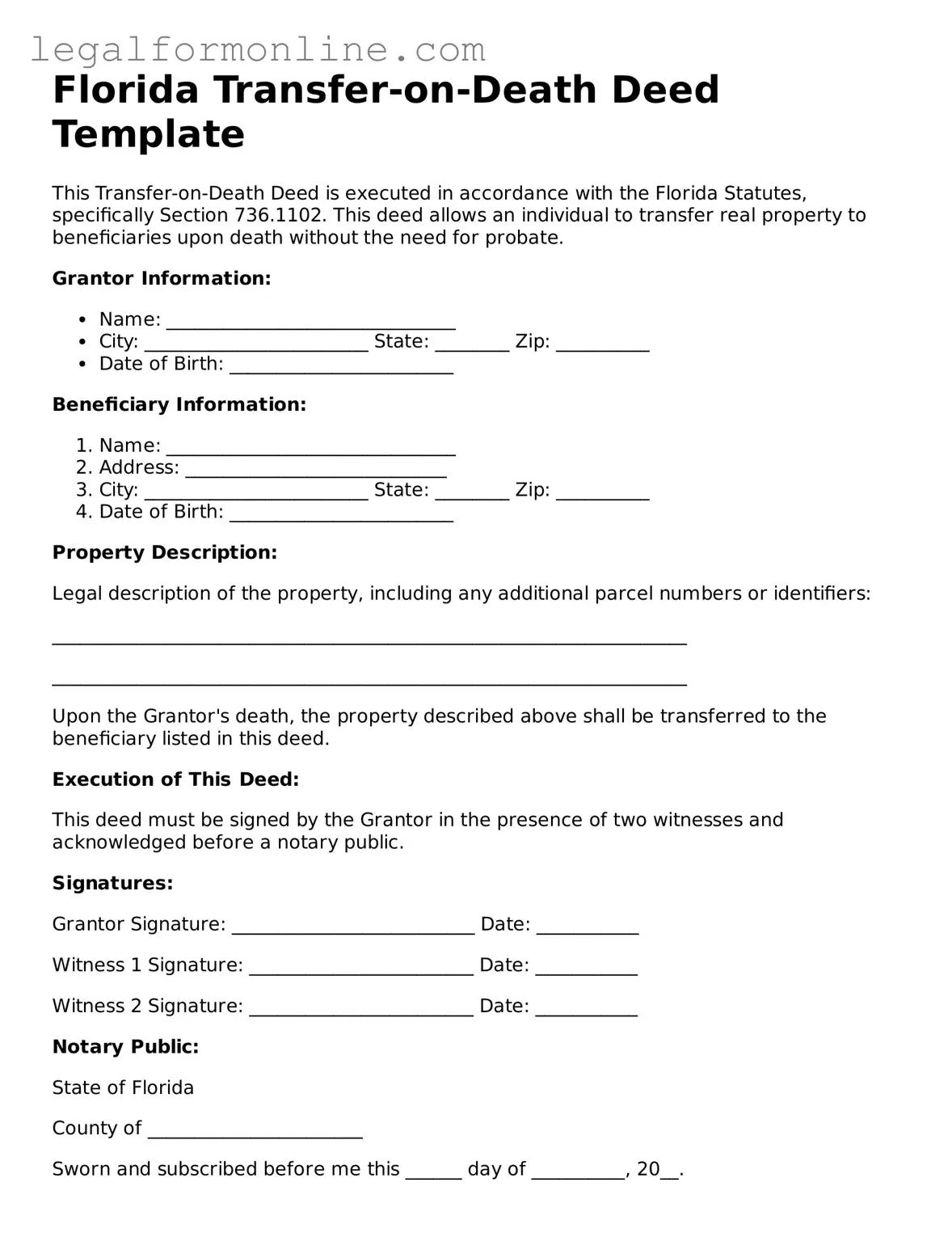  Transfer-on-Death Deed Form for Florida