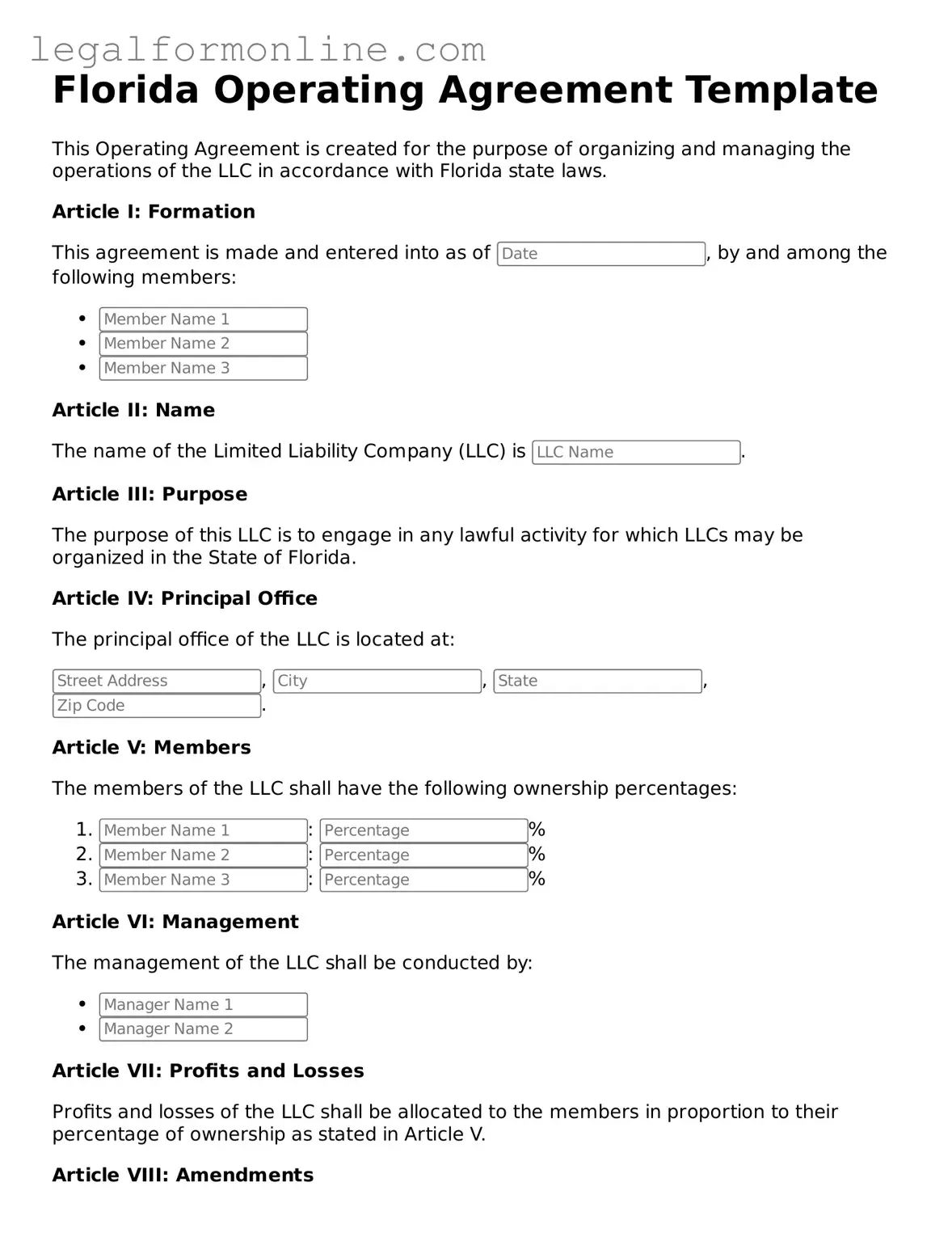  Operating Agreement Form for Florida