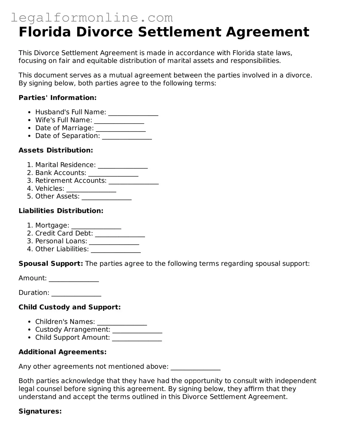  Divorce Settlement Agreement Form for Florida
