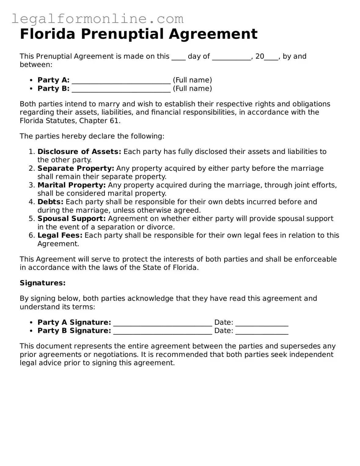  Prenuptial Agreement Form for Florida