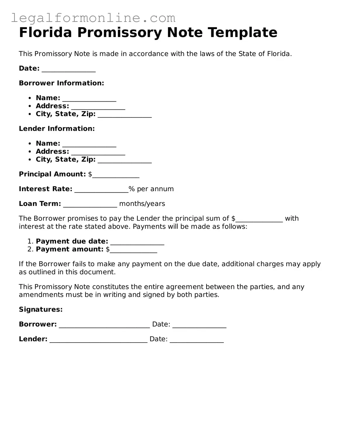  Promissory Note Form for Florida