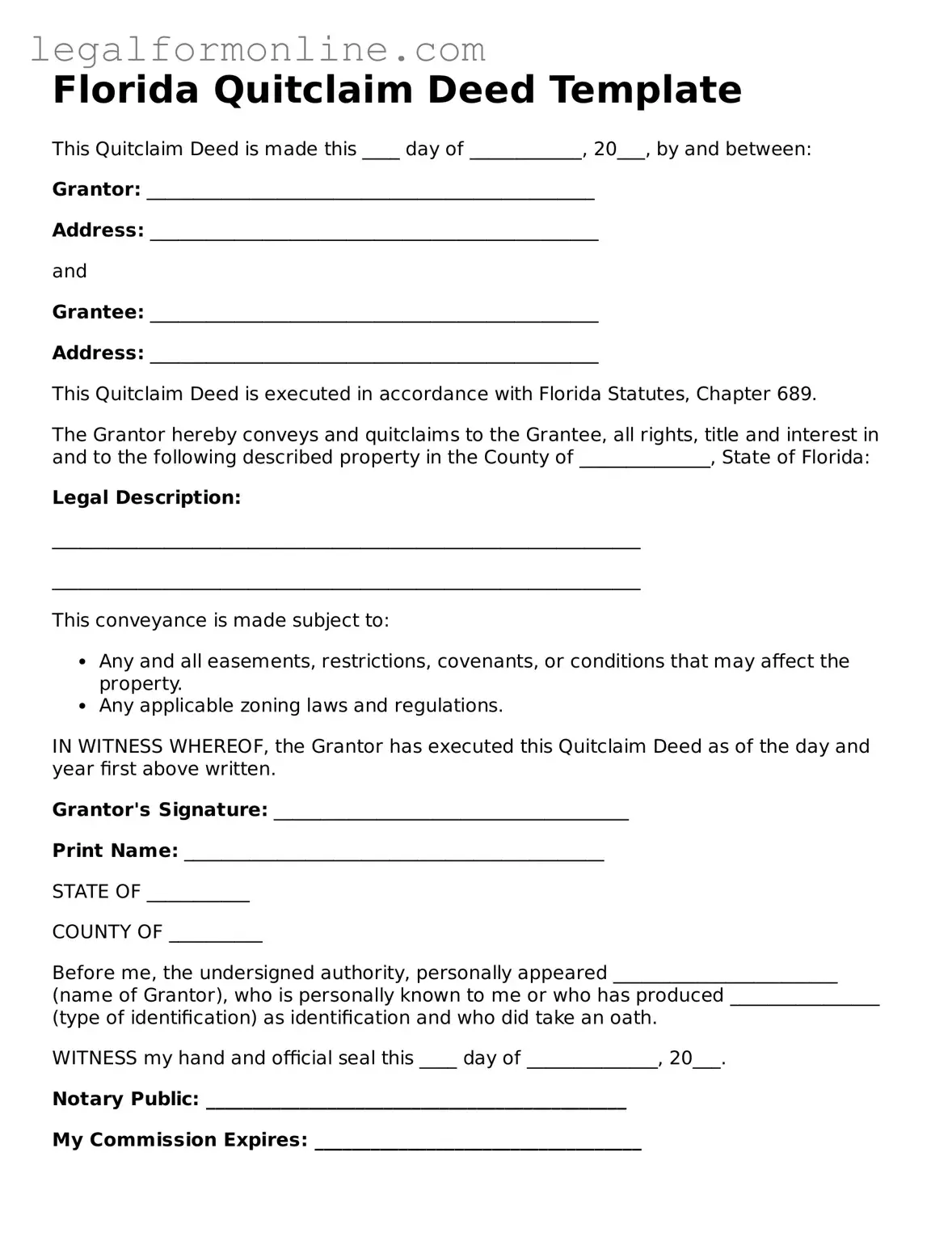  Quitclaim Deed Form for Florida
