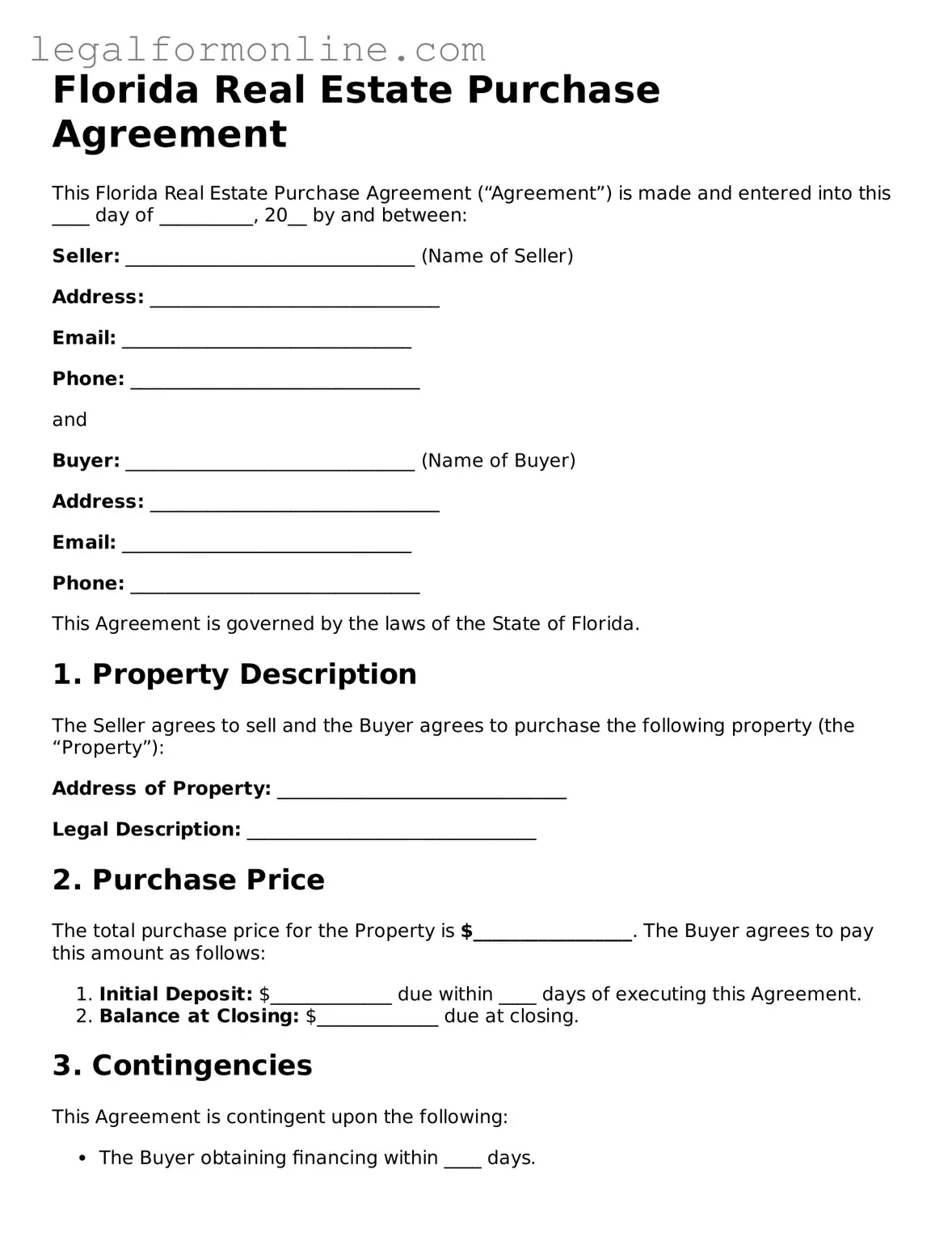  Real Estate Purchase Agreement Form for Florida