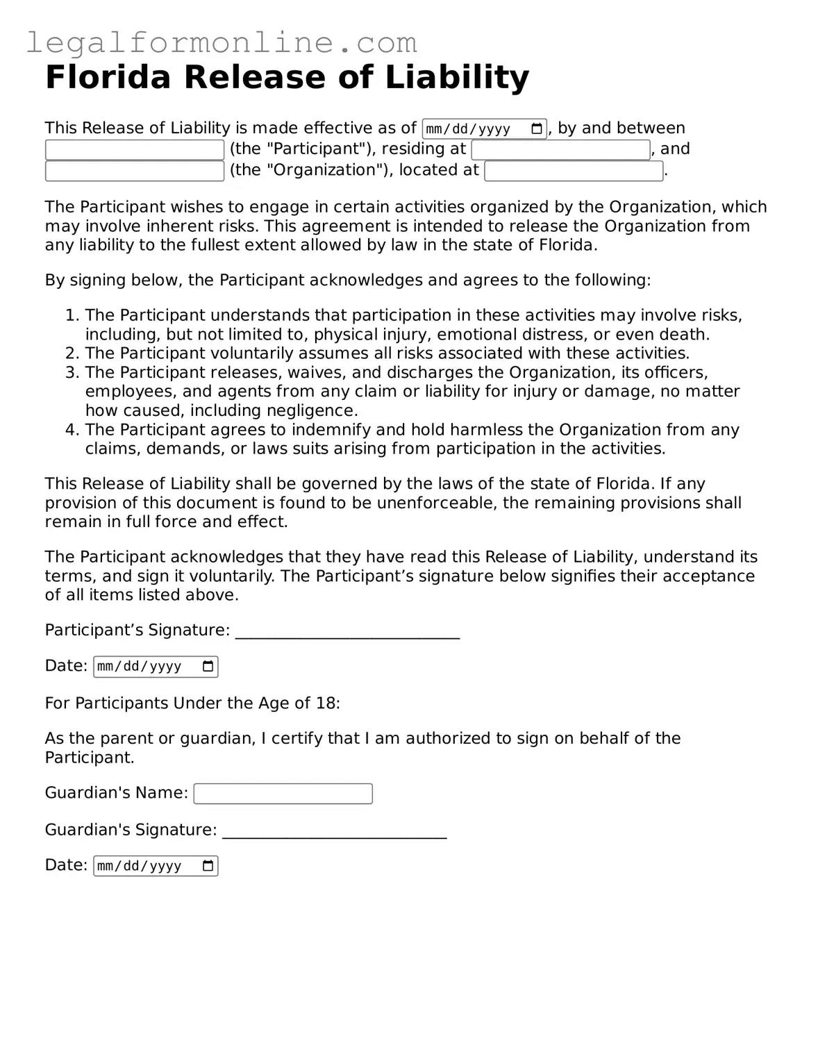  Release of Liability Form for Florida