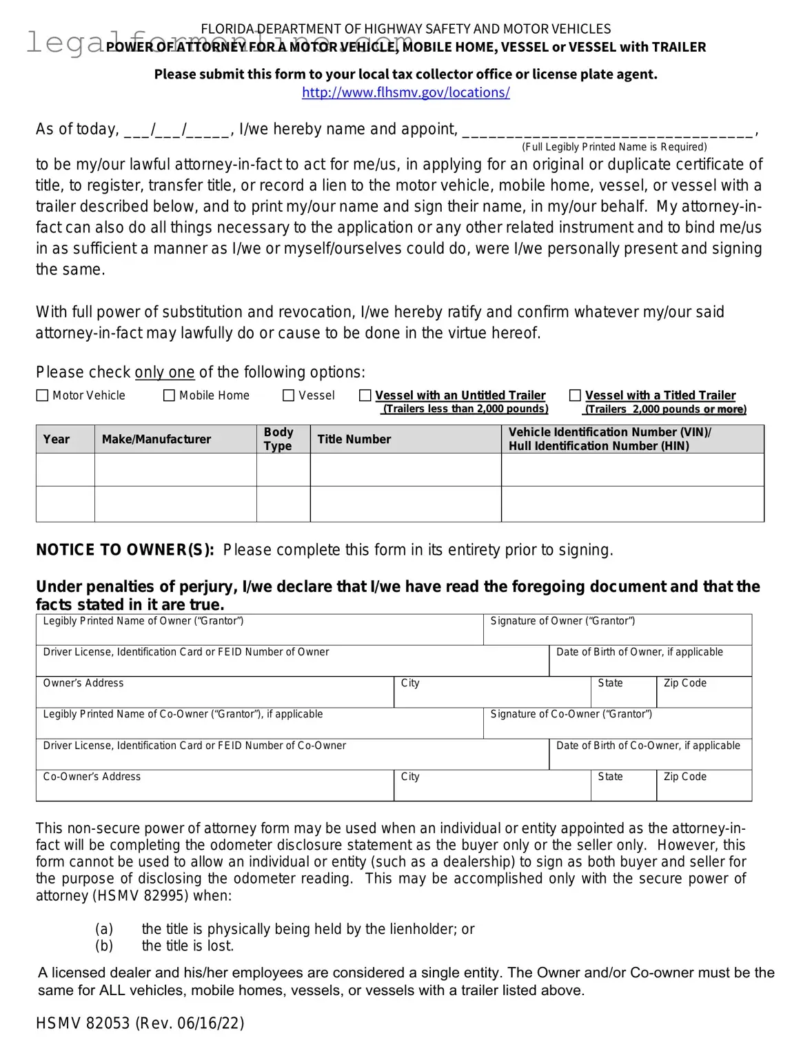 Florida Vehicle POA form 82053 Template in PDF